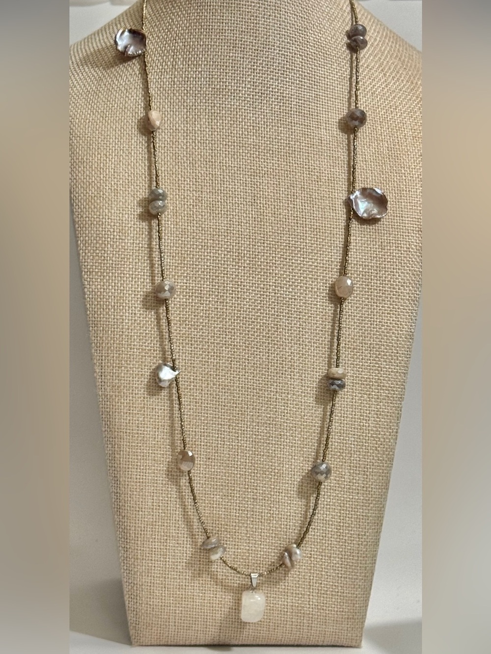 Boho Agate Quartz Shell Beaded Necklace Long Gold Seed Bead Coastal Neutral 29”